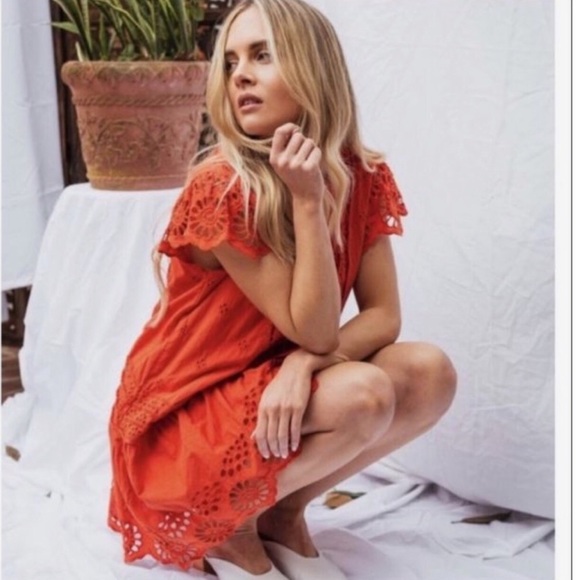 Free People Esperanza Orange Eyelet Mini Dress Size Small - Picture 3 of 15